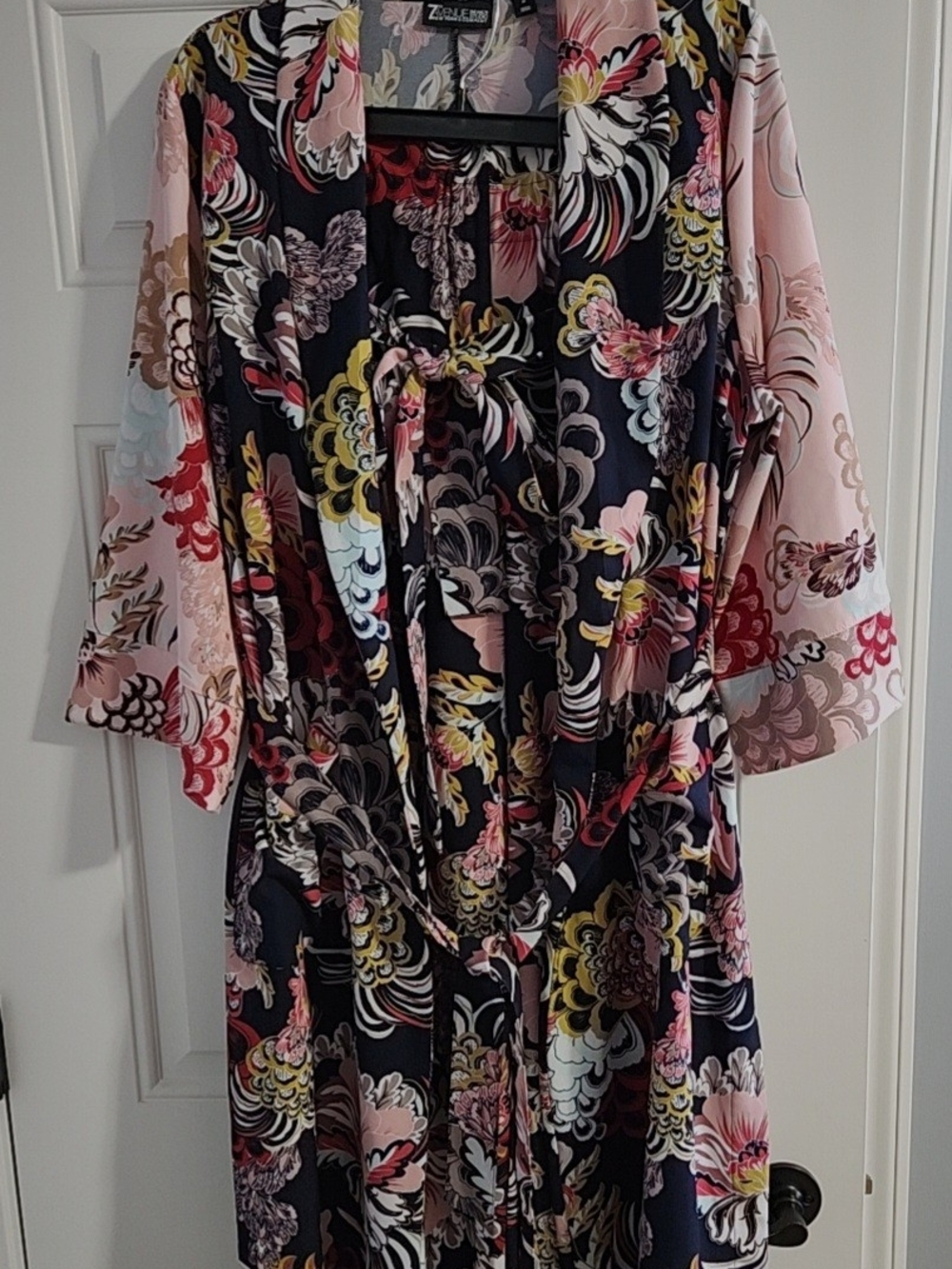 New York & Company Kimono Pantsuit Navy/Pink/Yellow Floral Print